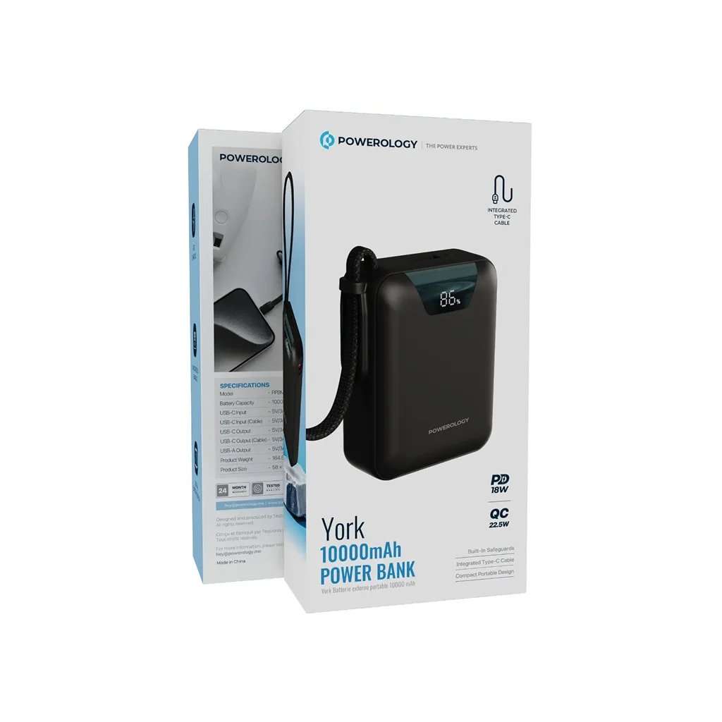 Powerology York SuperMini 10000mAh Powerbank with PD 22.5W & Built-in Type-C - Linkphones Center